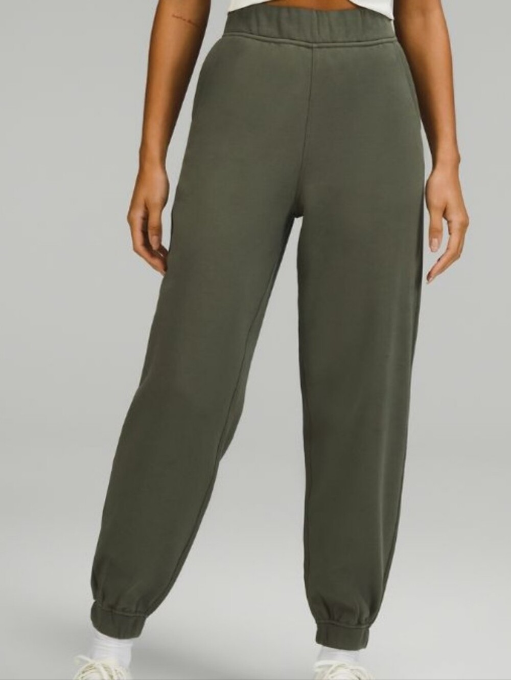 Lululemon Relaxed Hi rise Cropped Jogger Cotton Fleece Thick lounge 10 Olive